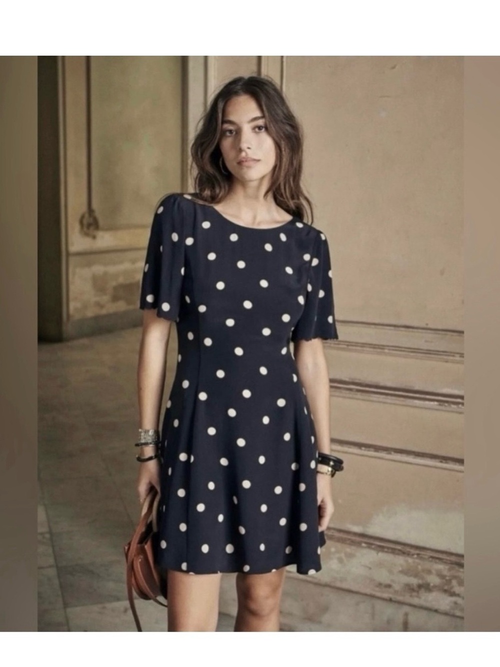 Sezane Navy with Ivory Polka Dot Mini Dress